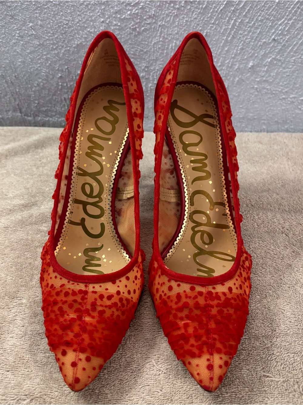 Sam Edelman Red Sheer Pointed-Toe Embellished Pumps SZ 9 M Red Courts Polka Dots
